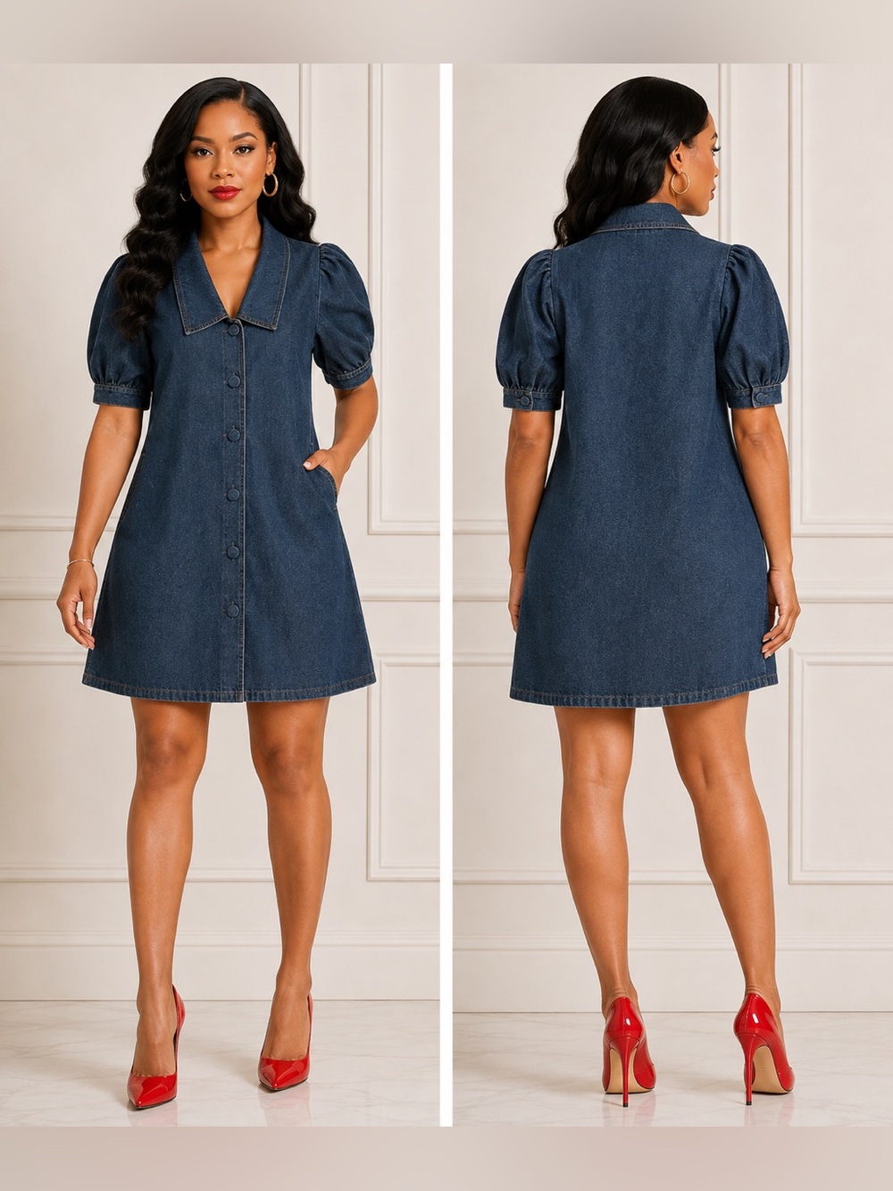 House of Harlow 1960 Dark Blue Denim Button-Front Puff Sleeve Dress